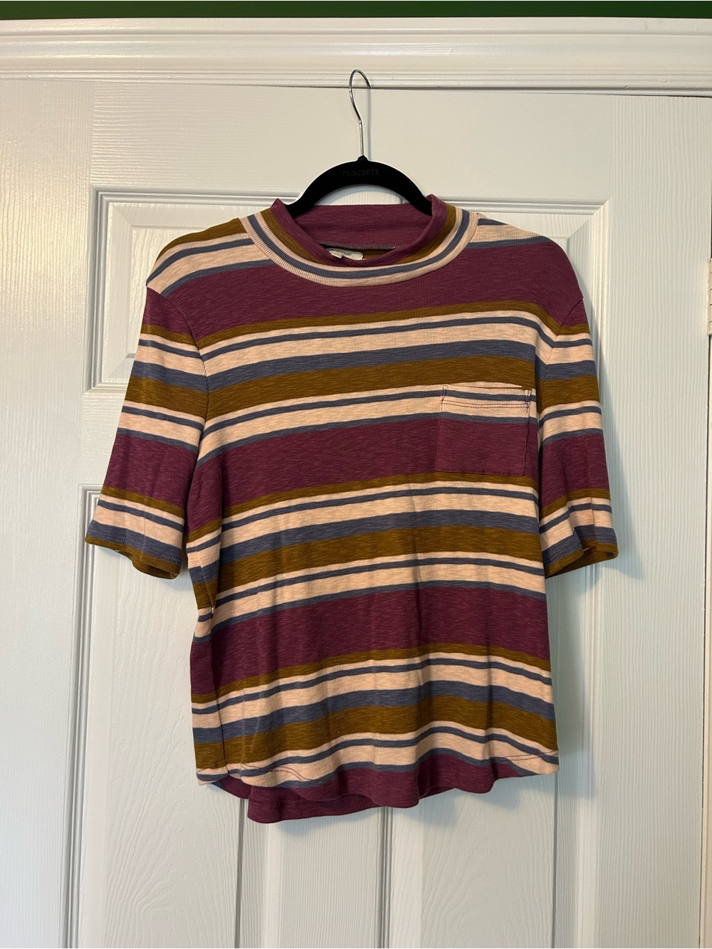 Madewell Striped Short-Sleeve Mock Neck Top in purple/mauve